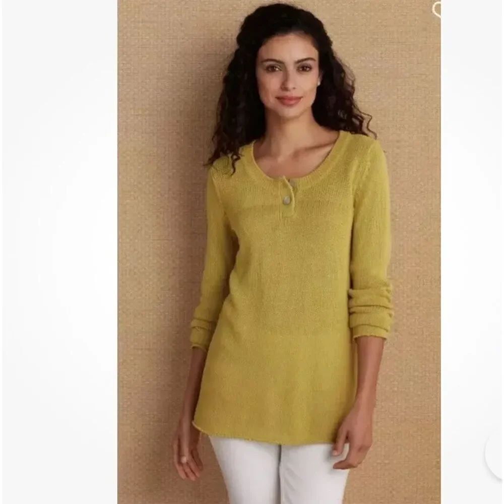 Soft Surroundings Wickfield Pullover Chartreuse Cotton Linen Sweater size L